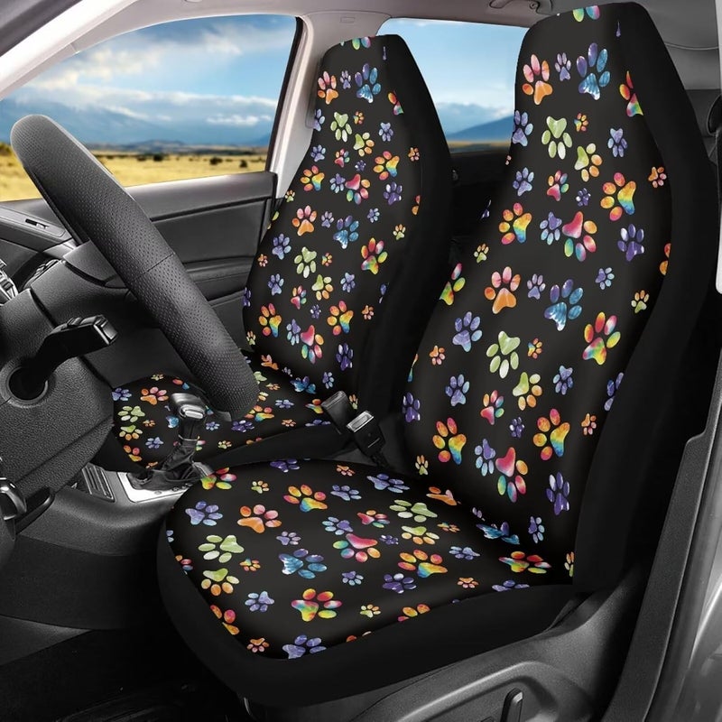 Howilath Cartoon Tie-dye Dog Paw Print Car Seat Cover for Women, Universal Fit 2 Piece Stretchy Breathable Bucket Vehicles Seat Cover Front Seats for SUV Van Sedan - Image 1